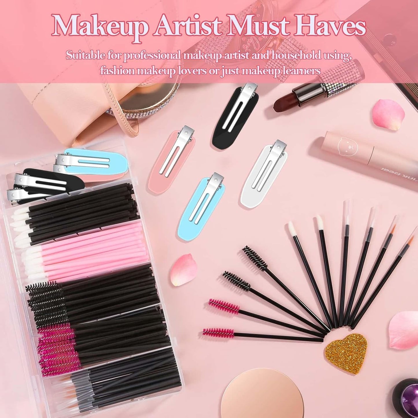 Disposable Applicators Kit with Makeup Puff, Mixing Palette, Artist Supplies, Accessories, Mascara Wands, Lip Brushes, Hair Clips, Powder Puffs for Face with Storage Box